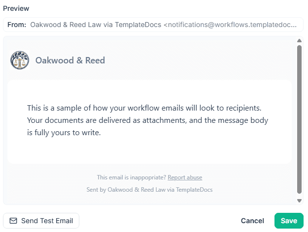 Email branding preview showing a branded sender name, logo and header text, with Send Test Email and Save buttons