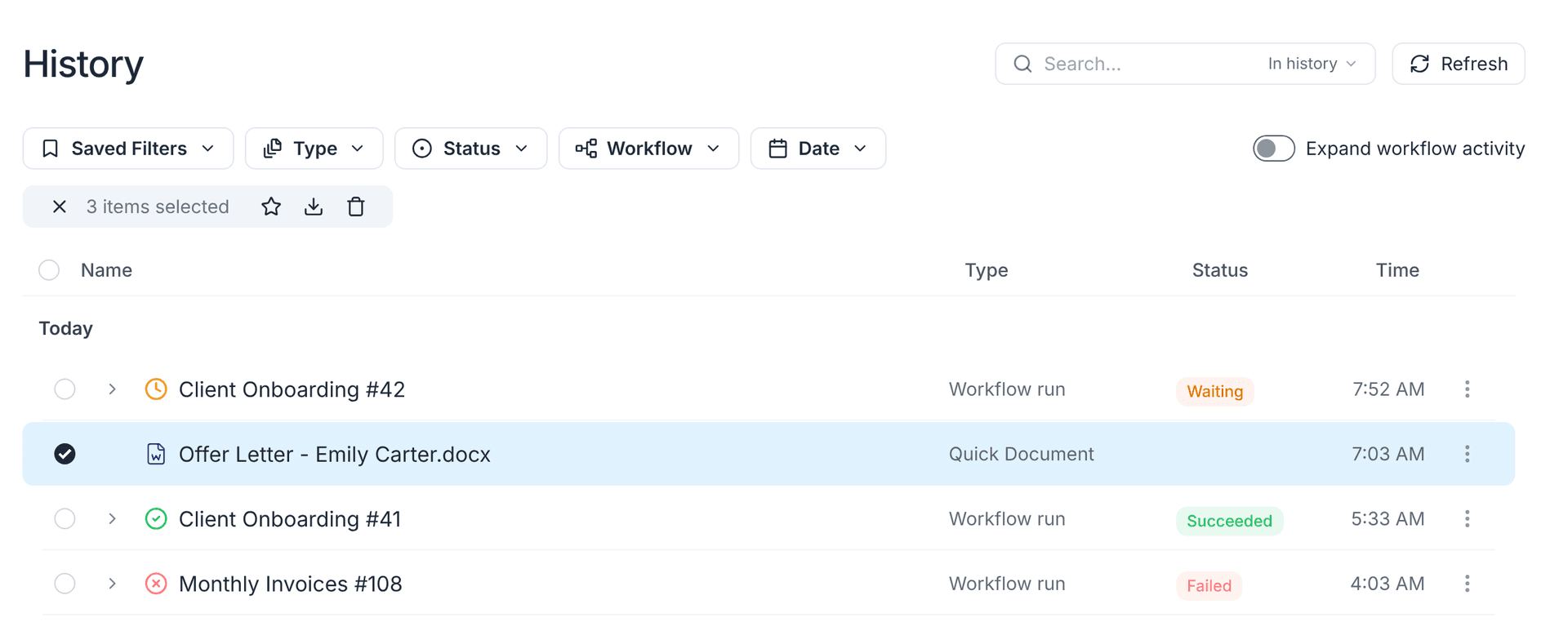 Three History items selected, with the Save to Library, Download and Delete actions