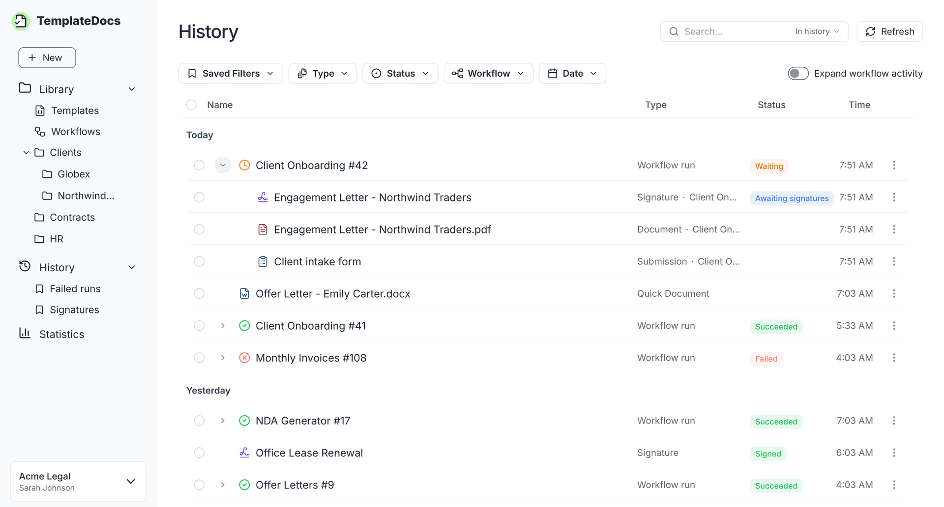 The History timeline grouped by day, with an expanded workflow run showing its signature request, document and submission