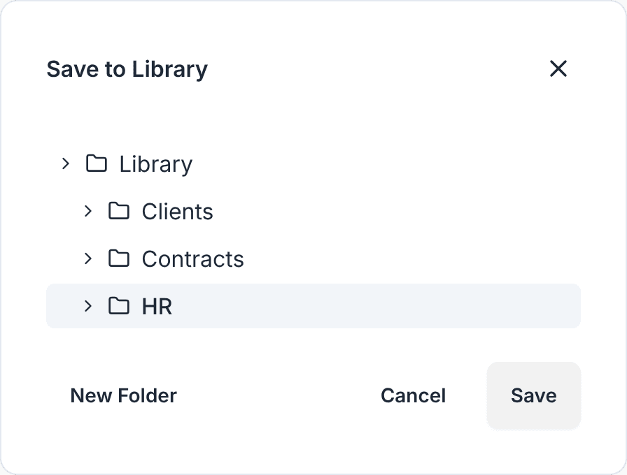 The Save to Library dialog with a list of folders