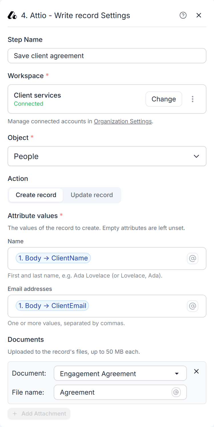 Create a person with their name and email, and attach an engagement agreement generated earlier in the workflow.