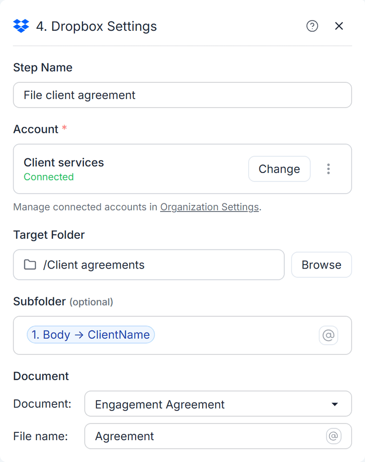 Save a generated agreement in a client subfolder, using the client's name from earlier workflow data.