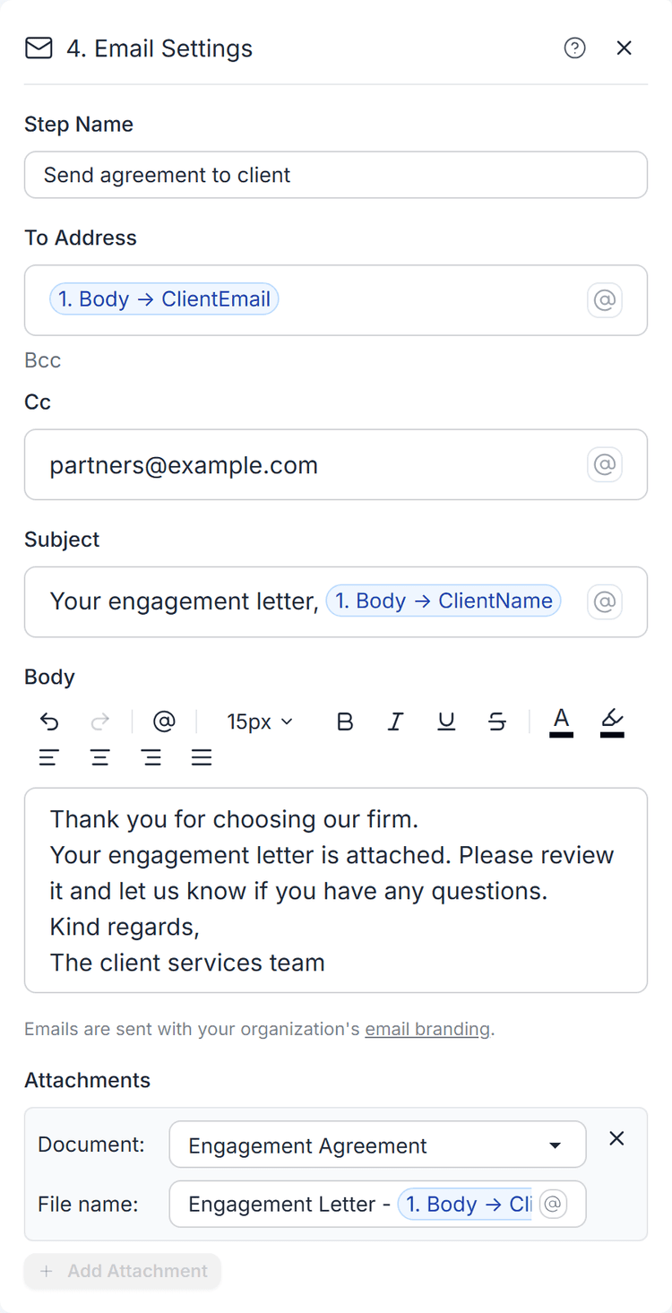 Email settings with client variables in the recipient and subject, a message and an engagement letter attachment