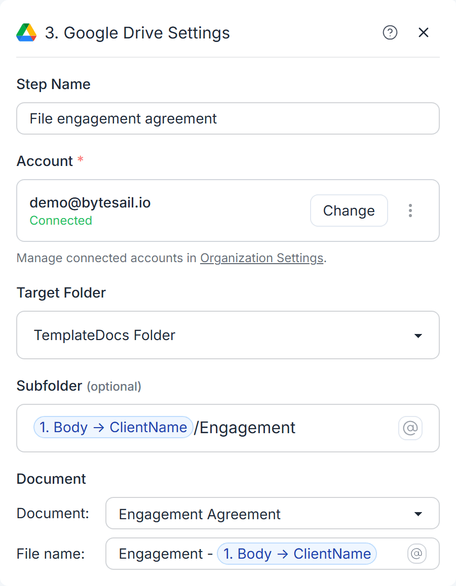 Google Drive settings with an approved folder, a client subfolder and an engagement agreement selected for upload