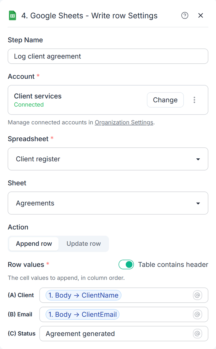 Append the client's name, email and agreement status to a spreadsheet.