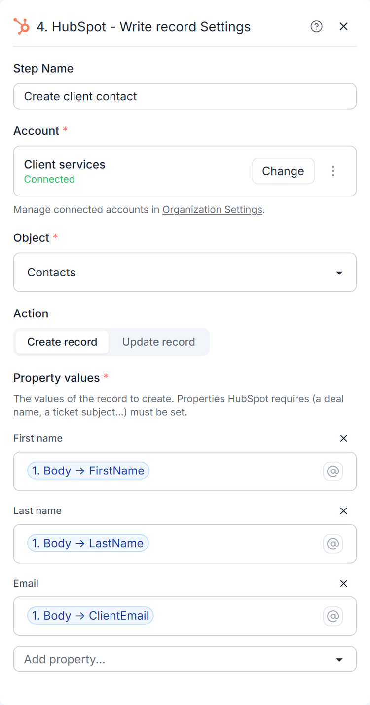 Create a contact with first name, last name and email mapped from earlier workflow data.