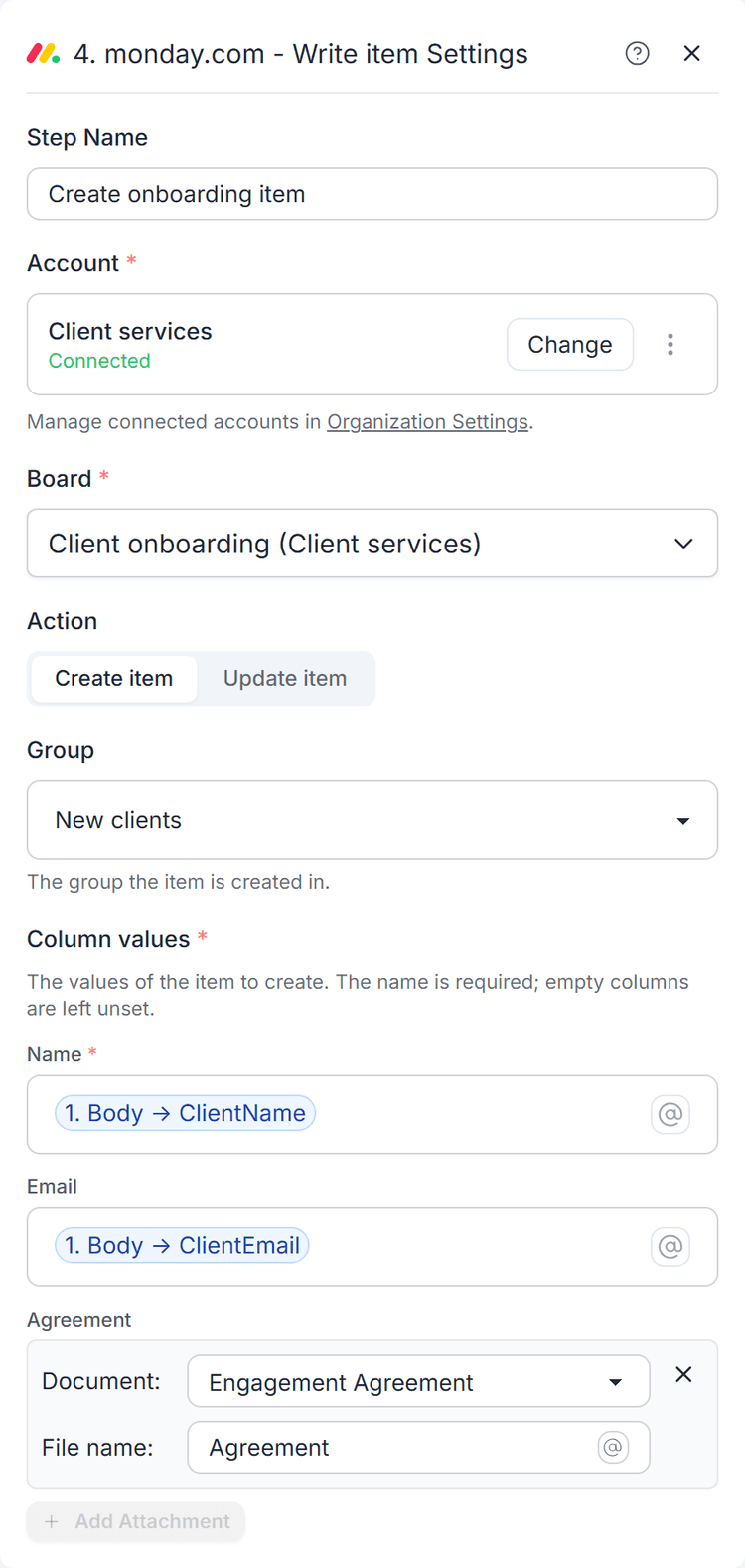 Create an item in the New clients group, with the client's name, email and generated agreement.