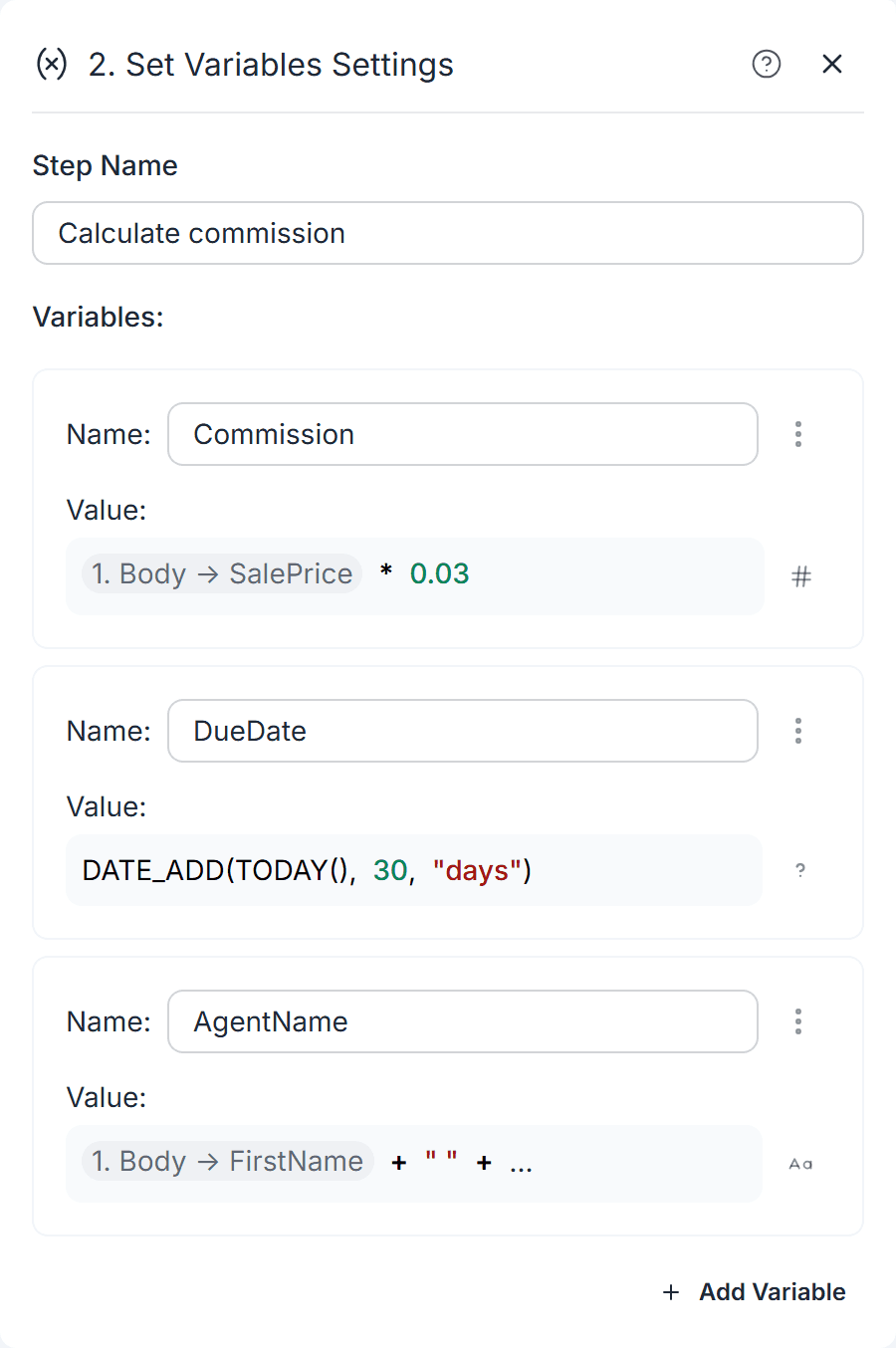 Set Variables settings with commission, due date and agent name formulas
