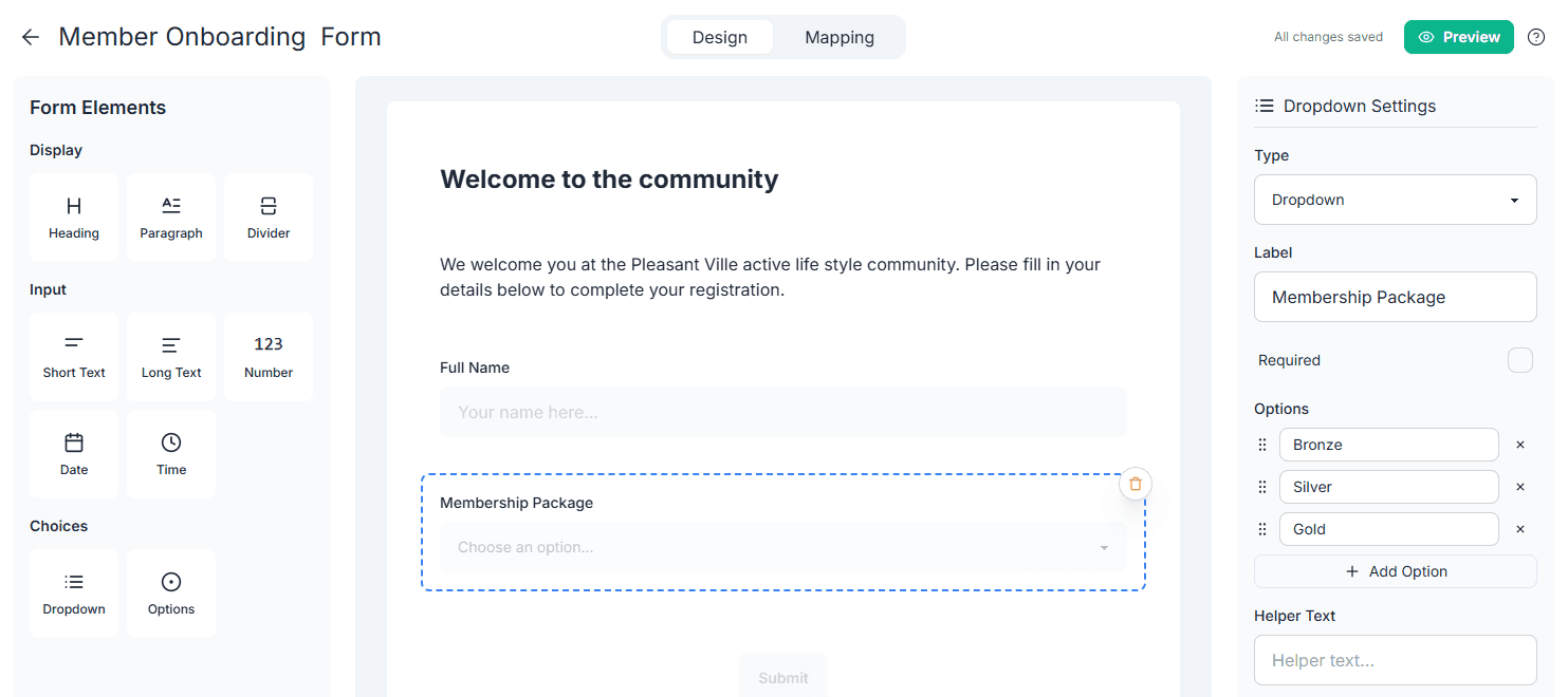 Visual form designer with text, number, date, and choice fields