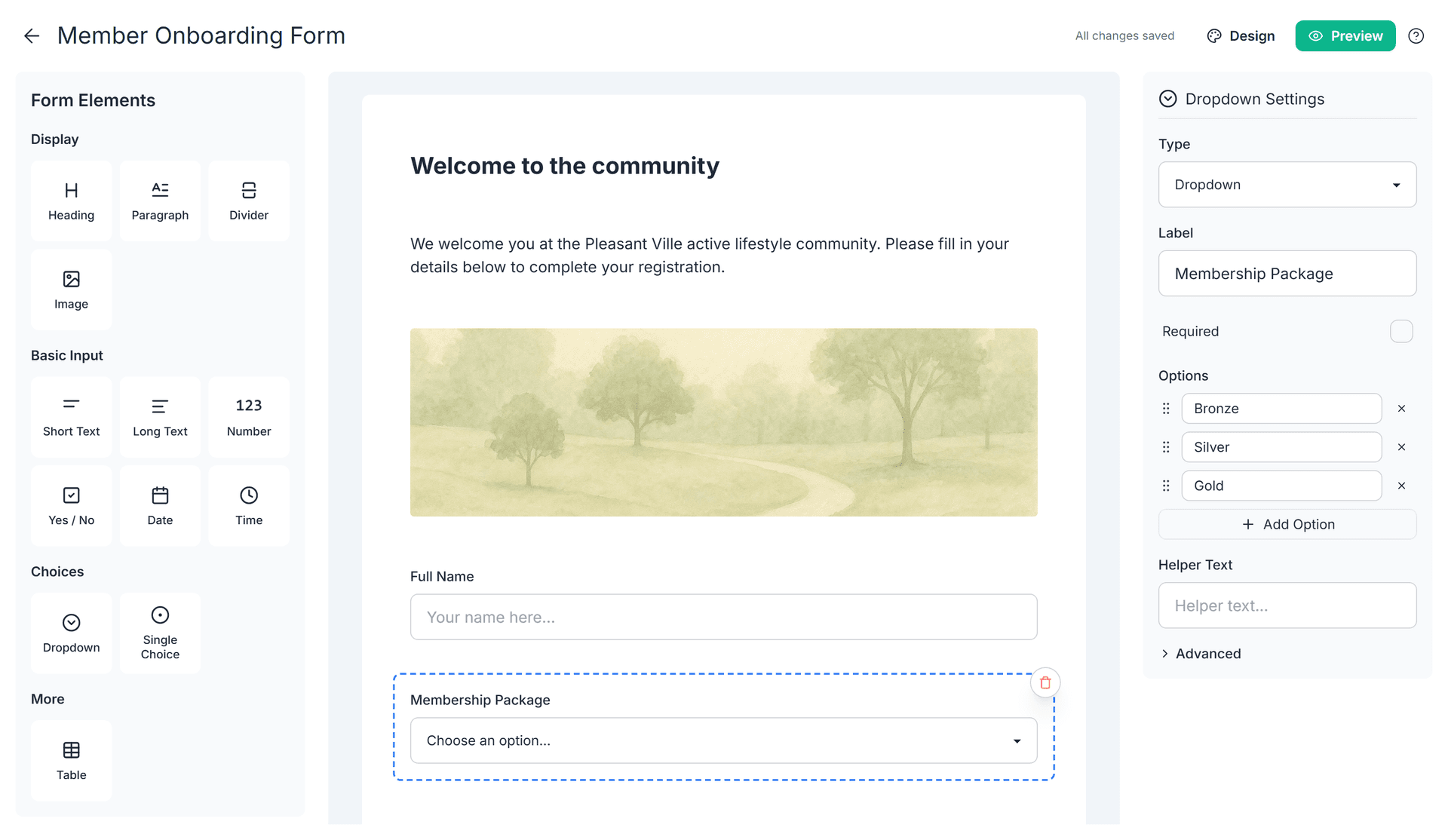 Visual form designer with a heading, welcome text, an image, text and choice fields, and the dropdown settings panel open