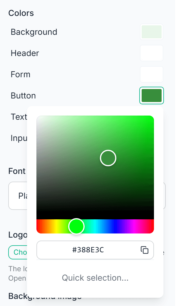 The color picker open on the Button color, with a palette of presets and a More option for custom hex values