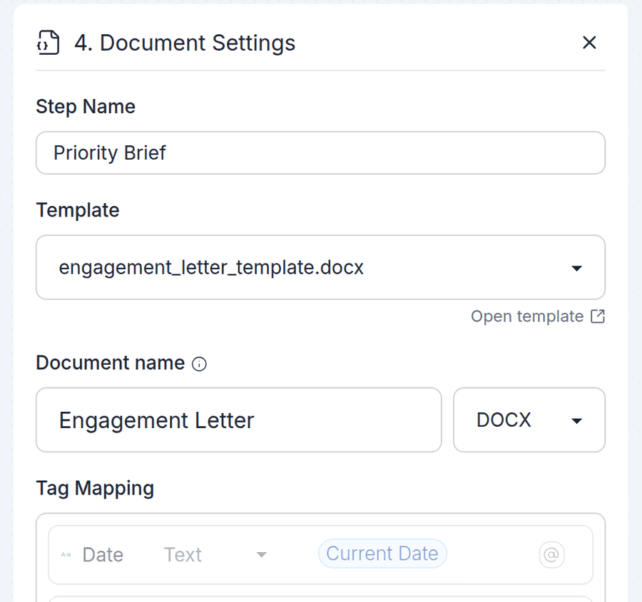 A document step's settings: template, output name, DOCX or PDF, and tag mapping
