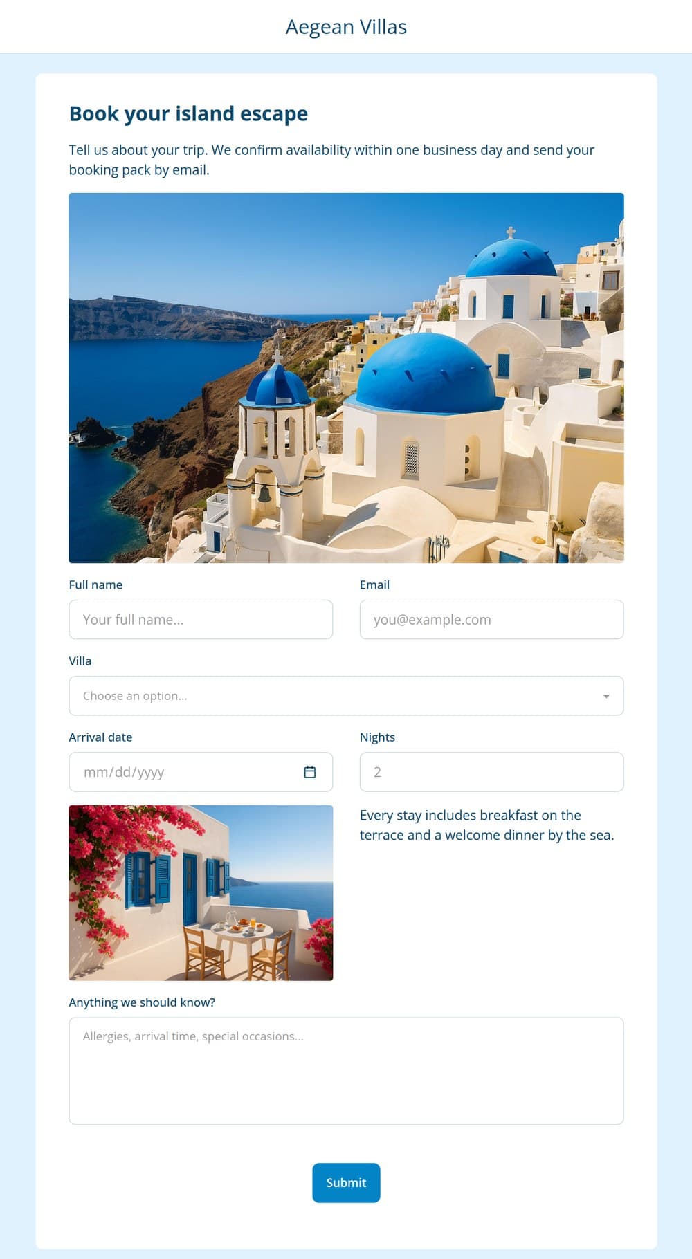 A branded booking form with a heading, an intro, imagery, and input fields