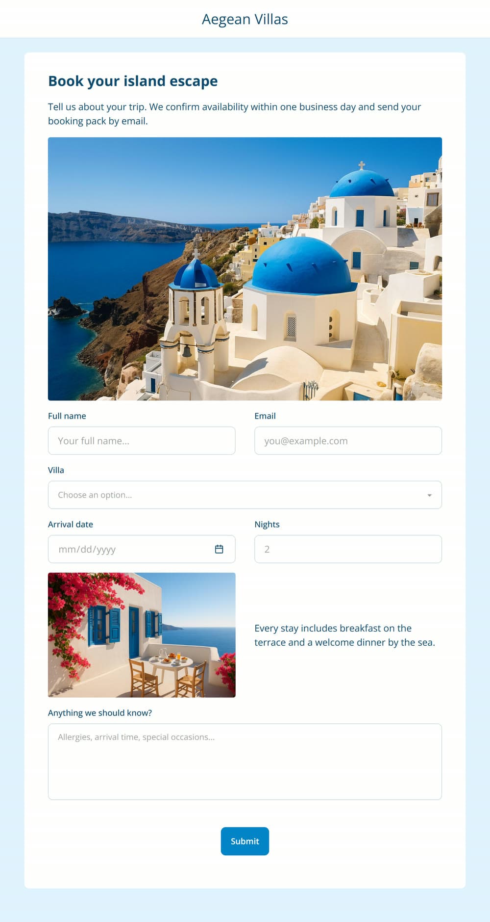 A branded booking form with a heading, an intro, imagery, and input fields