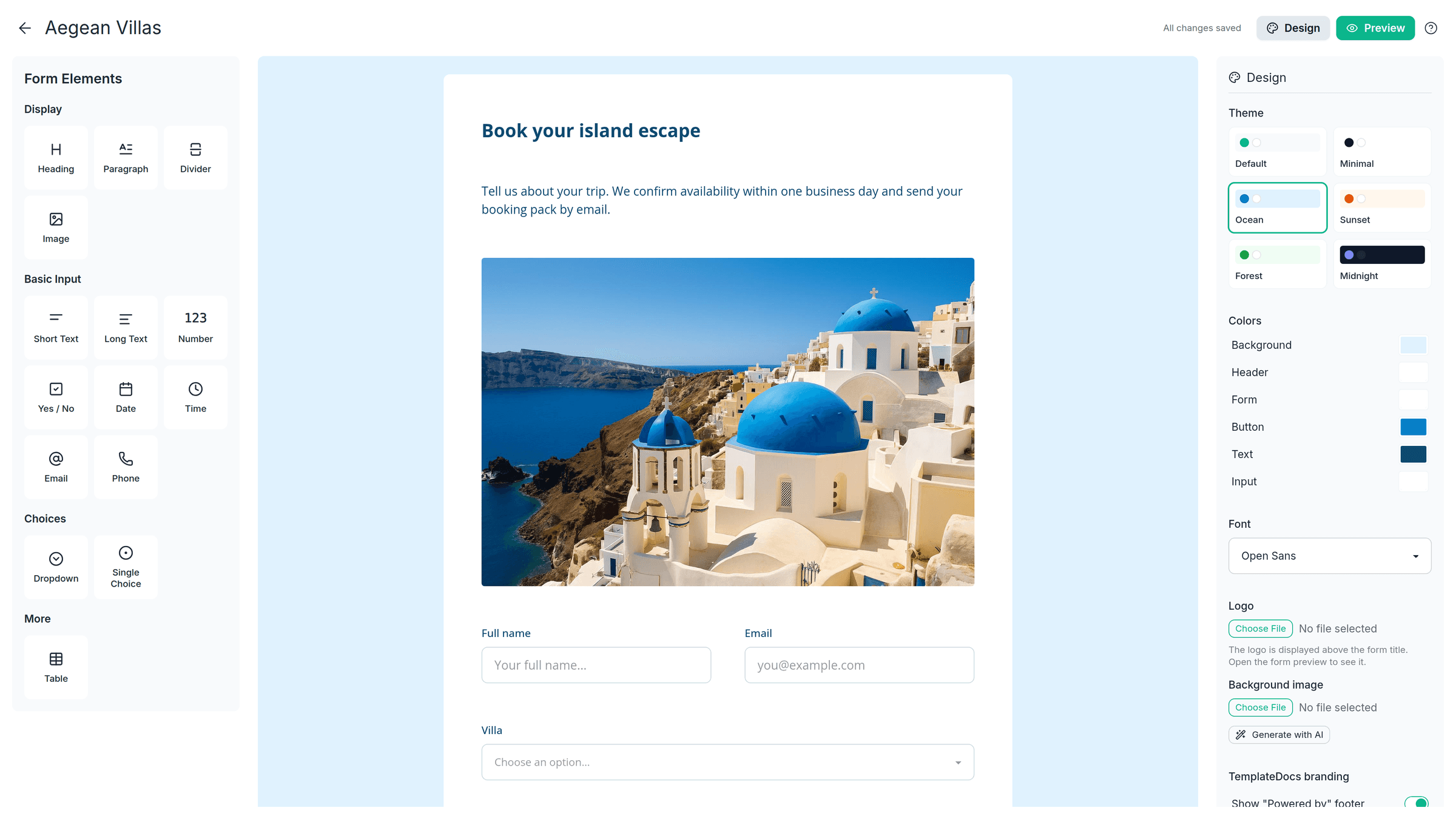 The TemplateDocs form designer editing the booking form: element palette, live canvas, and design panel