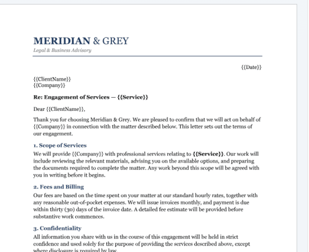 A Word template with tags like ClientName and Company, ready to be filled