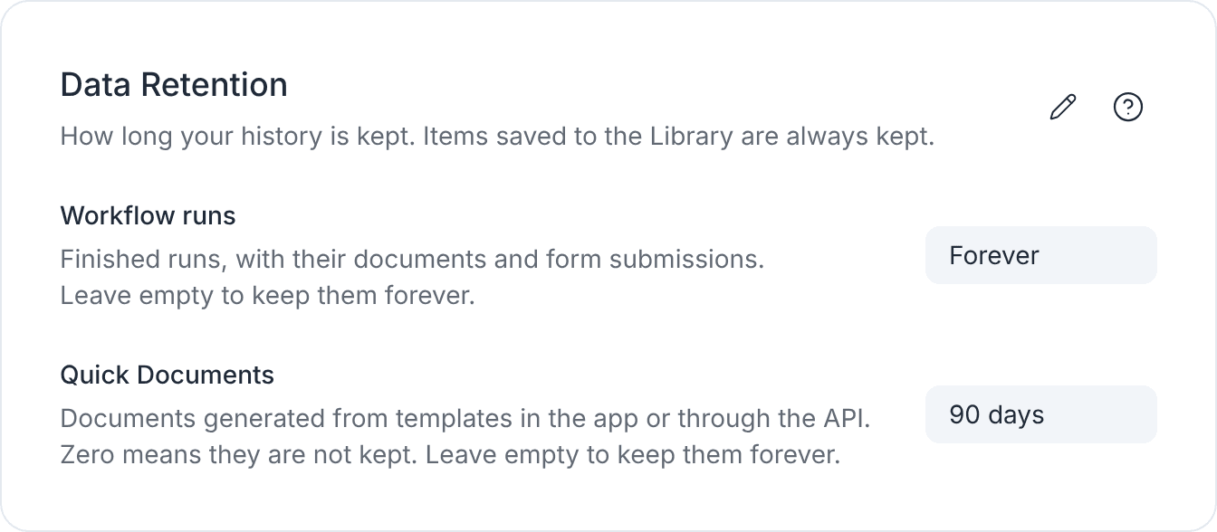The Data Retention settings with a retention for workflow runs and for Quick Documents
