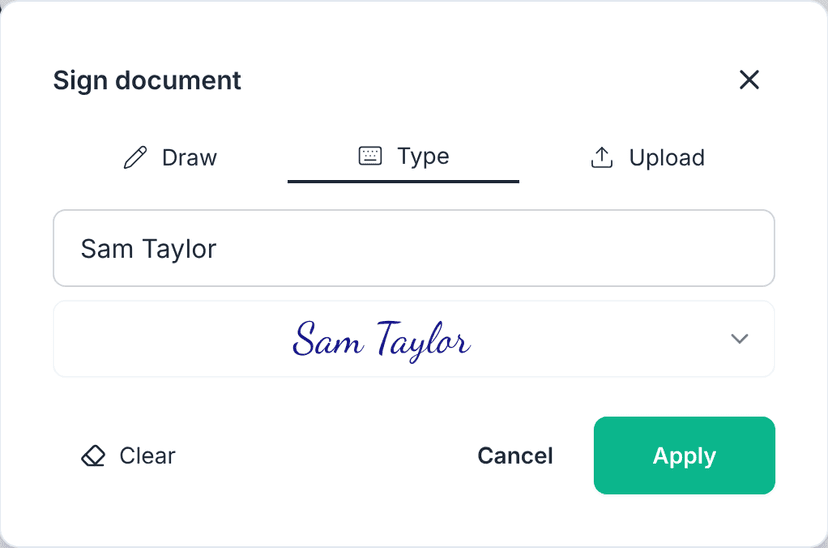 The Sign document dialog, with a typed signature shown in a handwriting font