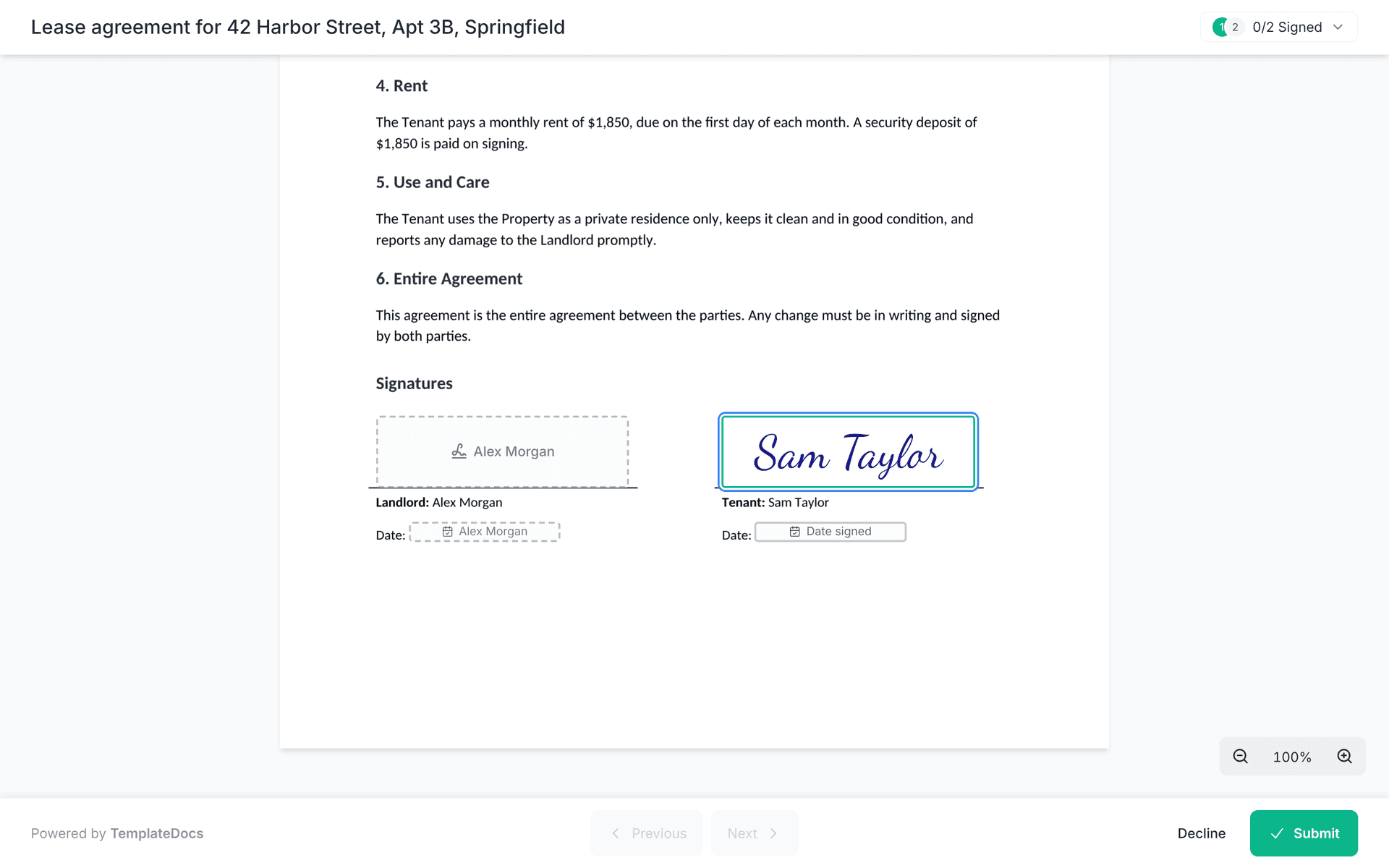 The signing page of a lease agreement, with the tenant's signature in place and the landlord's signature still to come