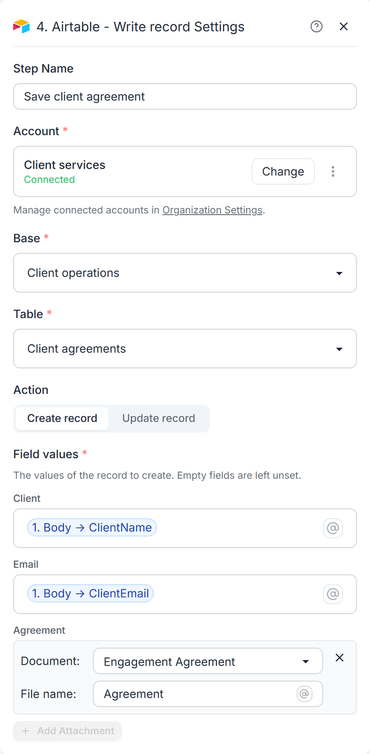 Create a record in a client agreements table, with the client's name, email and generated agreement.