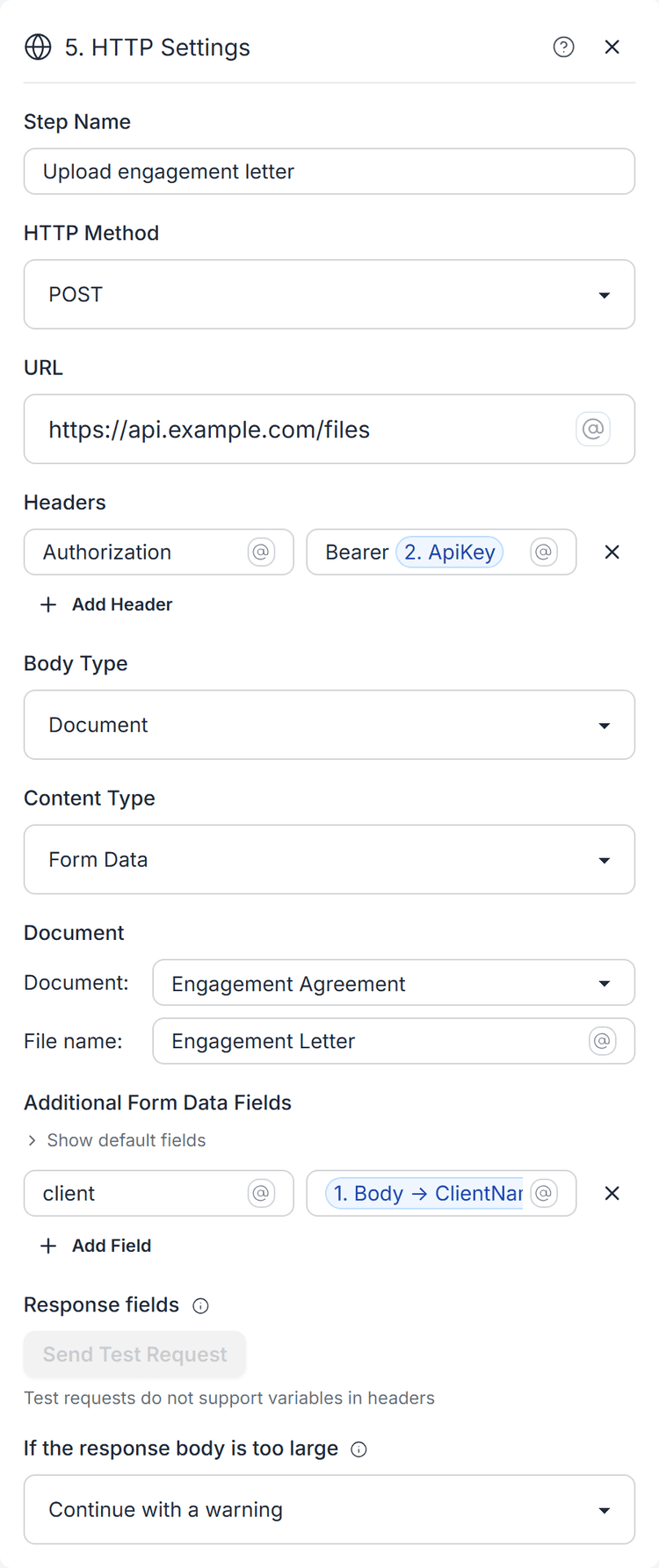 HTTP POST request with an example API address, an API key variable in the authorization header and a document sent as form data