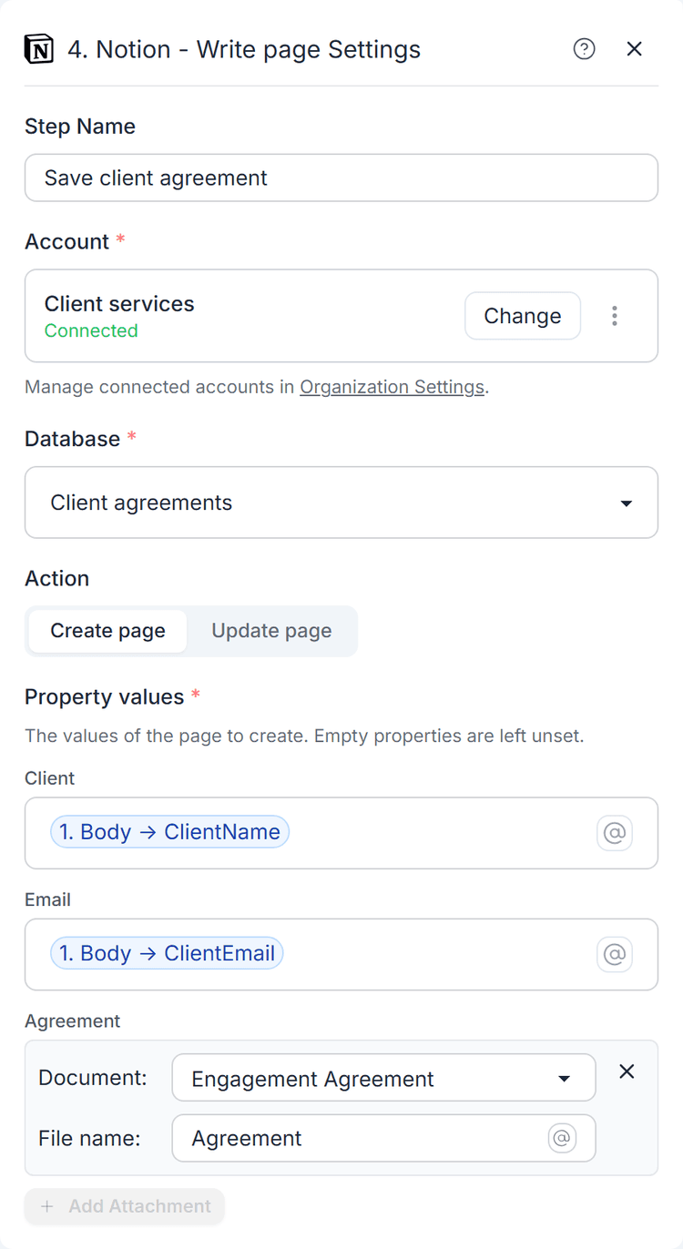 Create a page in a client agreements database, with the client's name, email and generated agreement.