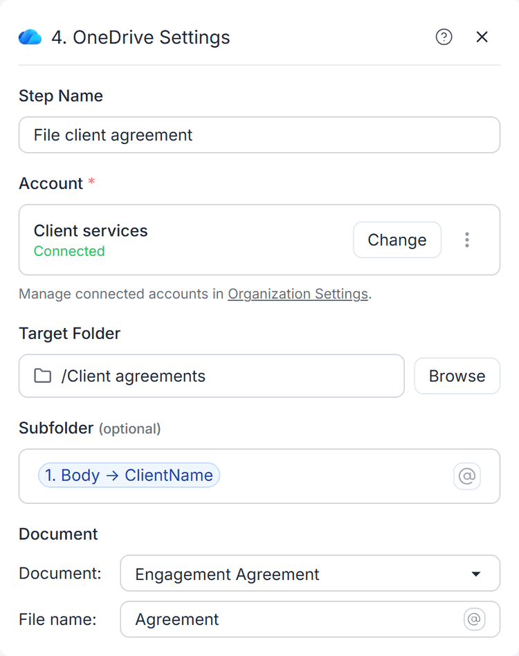 Save a generated agreement in a client subfolder, using the client's name from earlier workflow data.