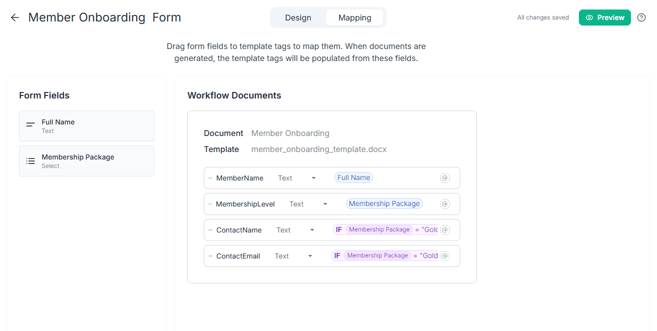 Form fields mapping to document tags