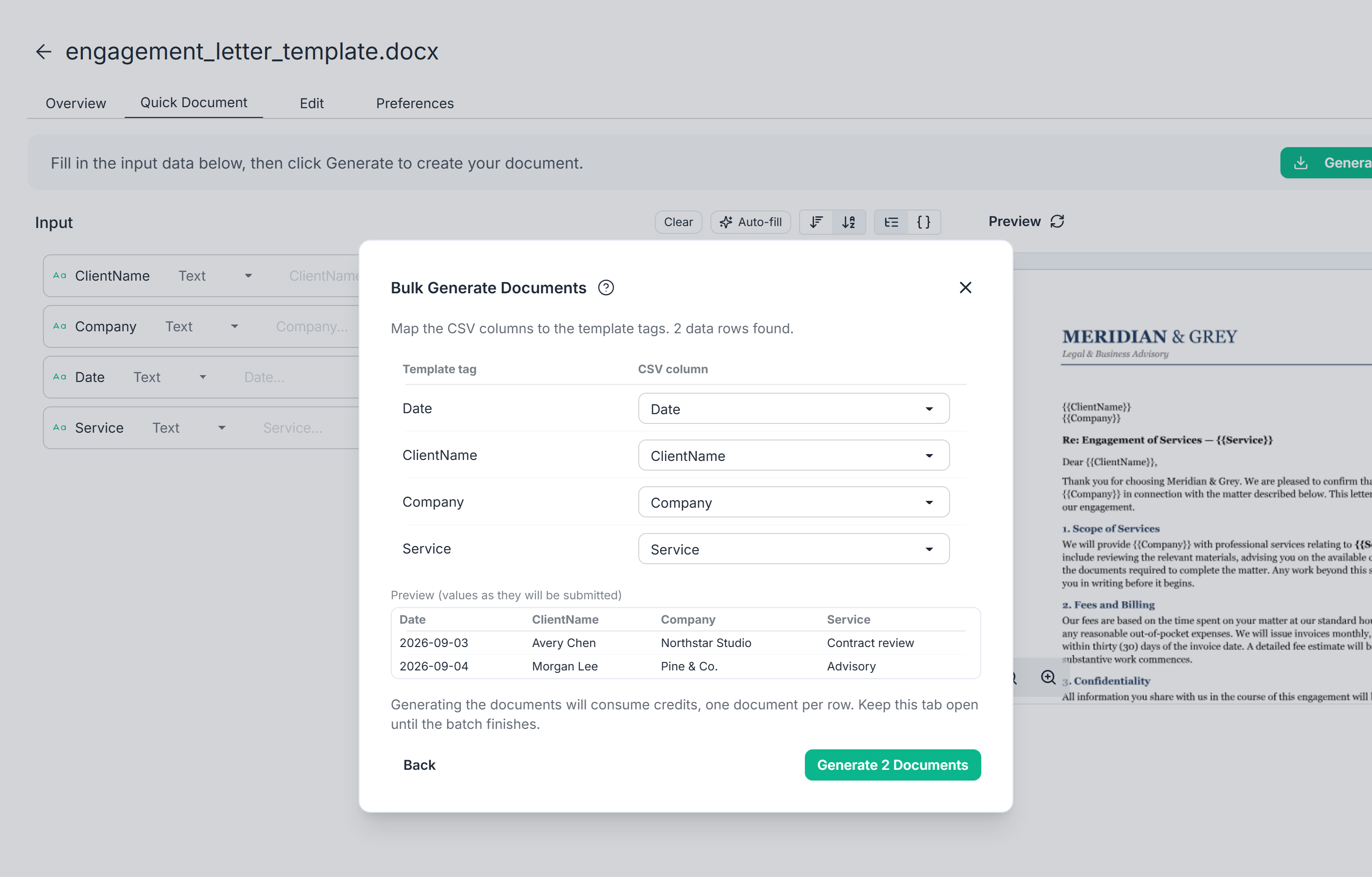 Bulk Generate Documents dialog with CSV columns mapped to template tags and a two-row preview