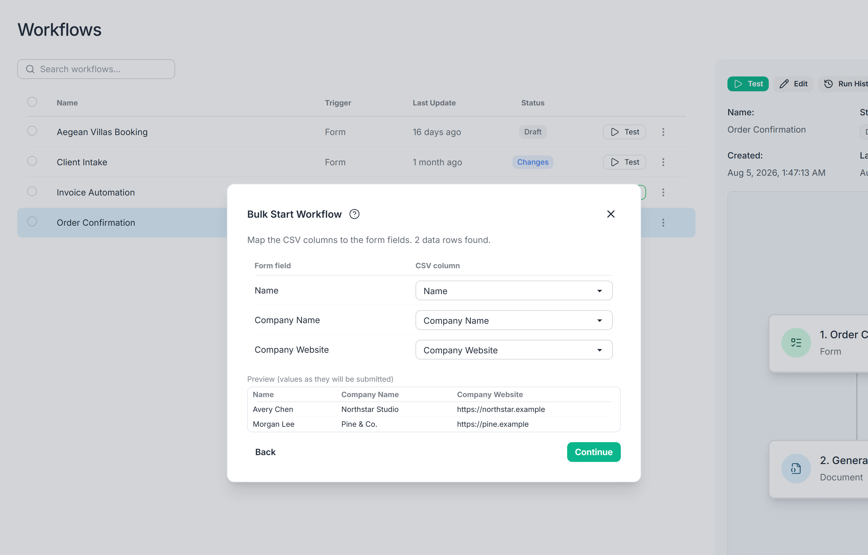 Bulk Start Workflow dialog with CSV columns mapped to form fields and a two-row preview