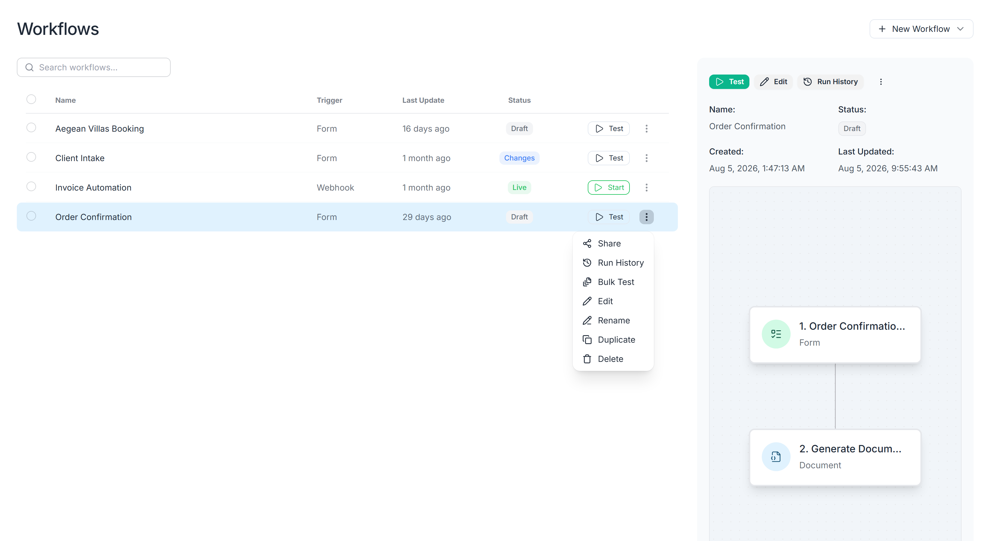 Workflow context menu with the Bulk Test action