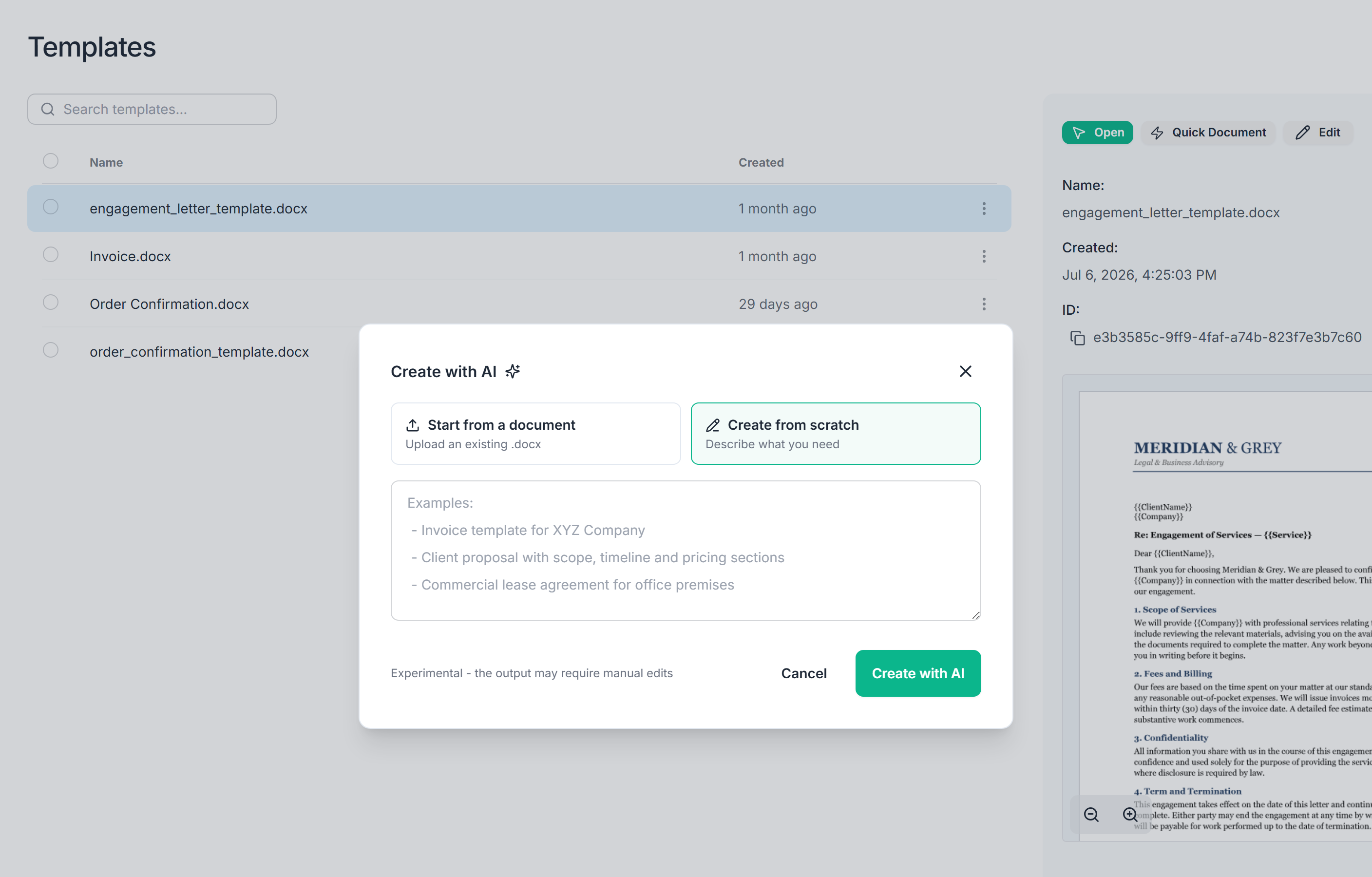 Create with AI dialog with Create from scratch selected and a field for describing the document