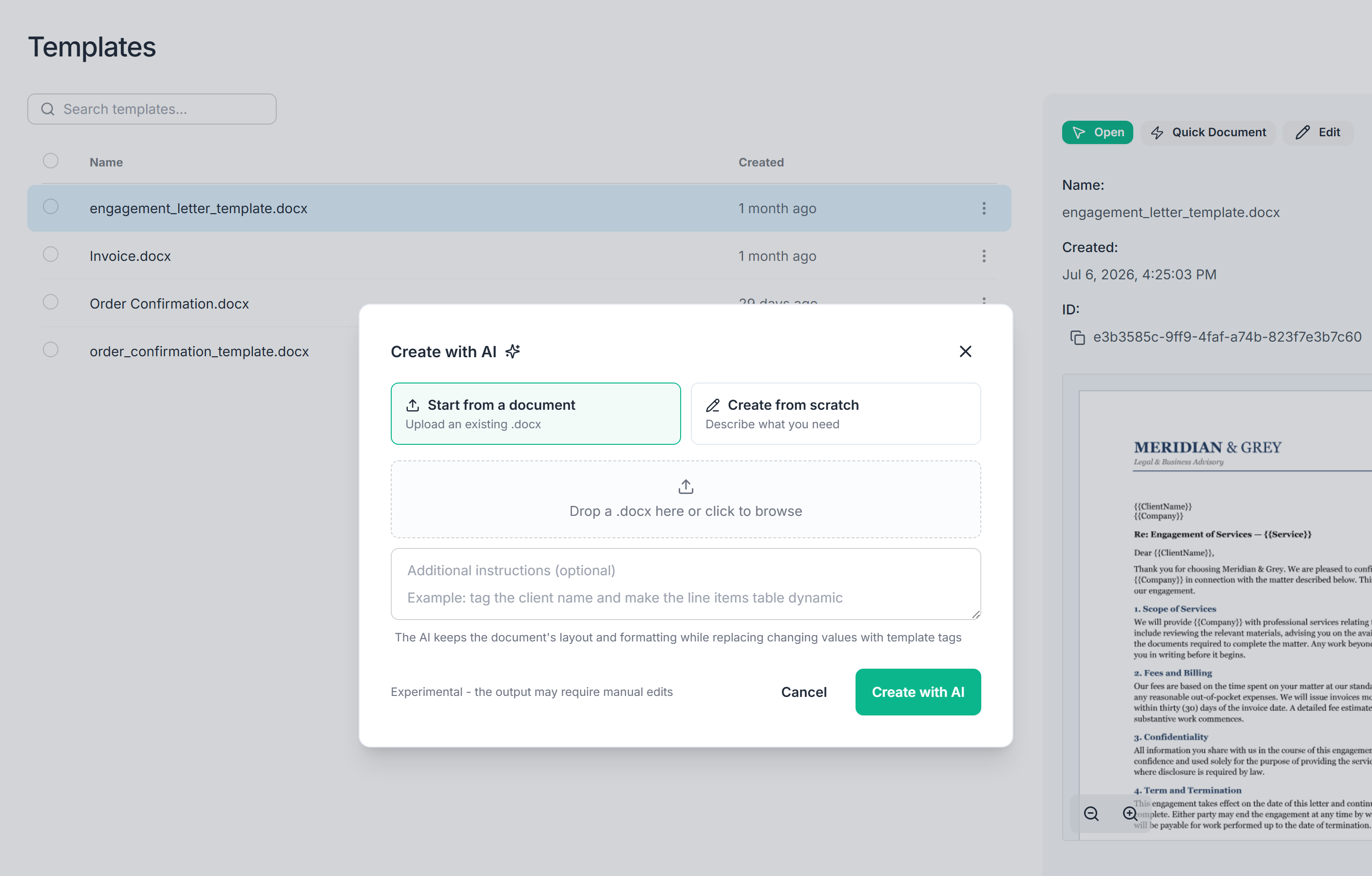 Create with AI dialog with Start from a document selected, a Word document upload area and optional instructions