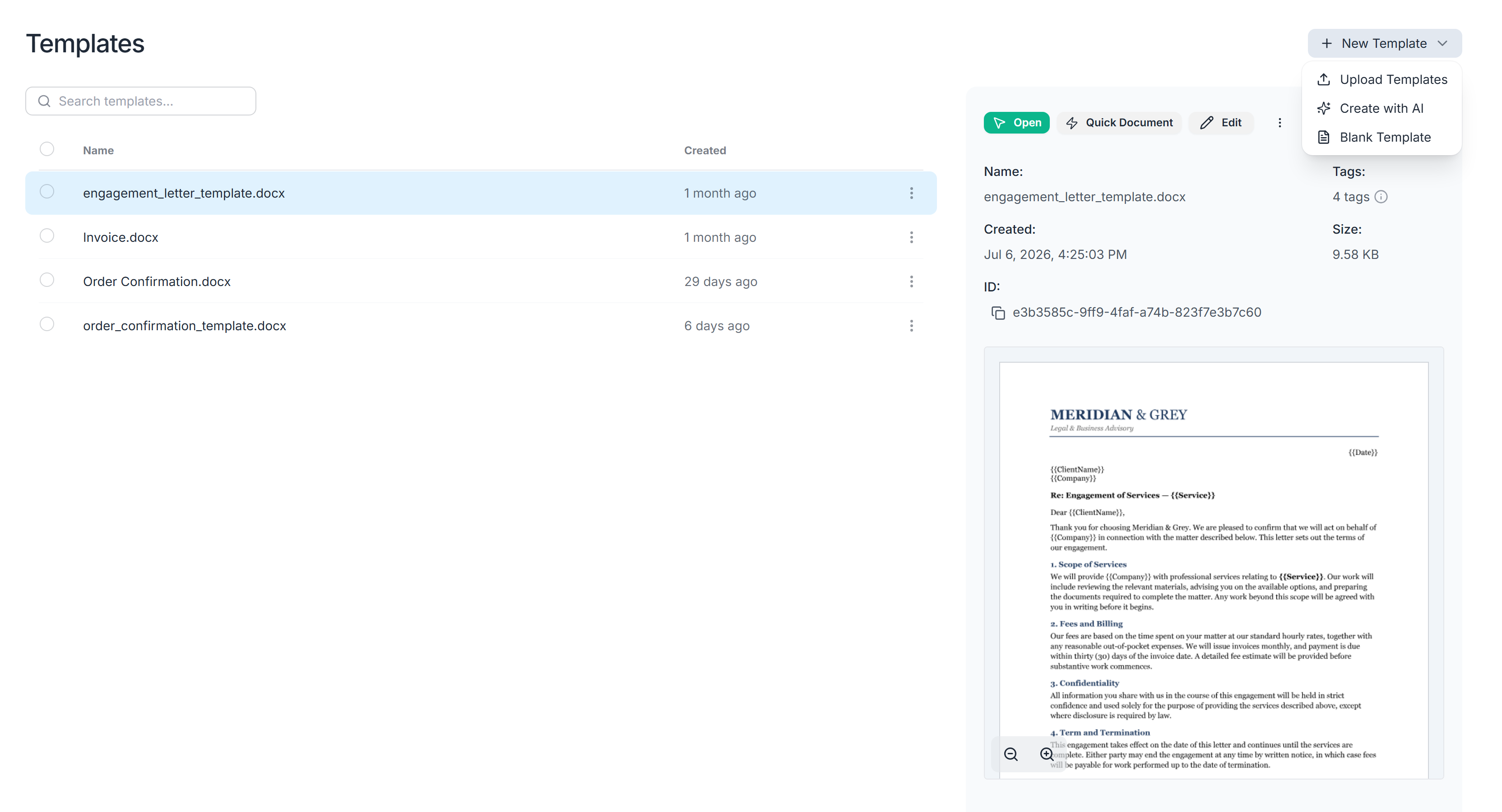 Templates page with the New Template menu open, showing Upload Templates, Create with AI and Blank Template