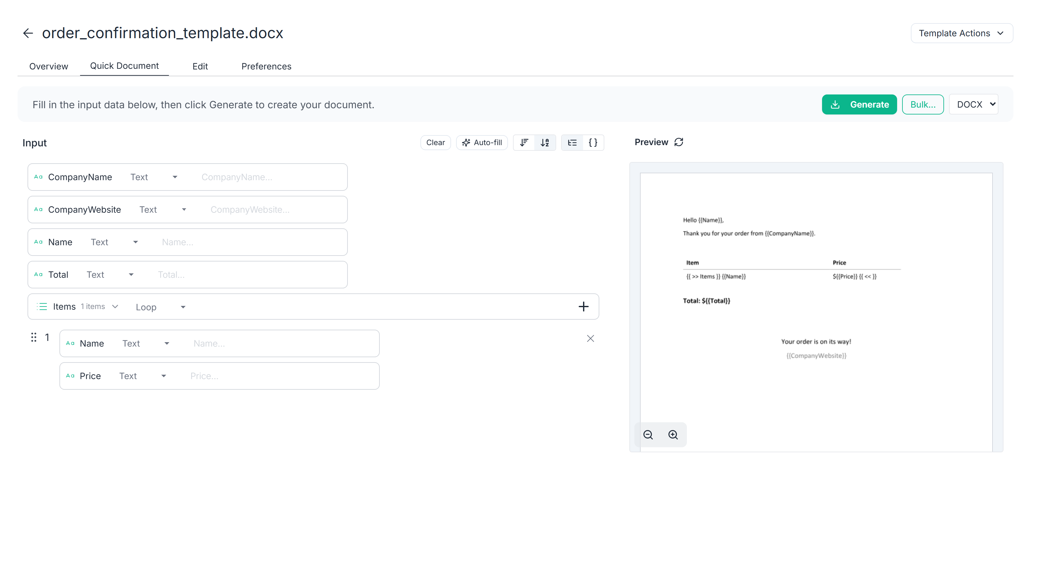 Quick Document with detected template fields on the left and a live order confirmation preview on the right