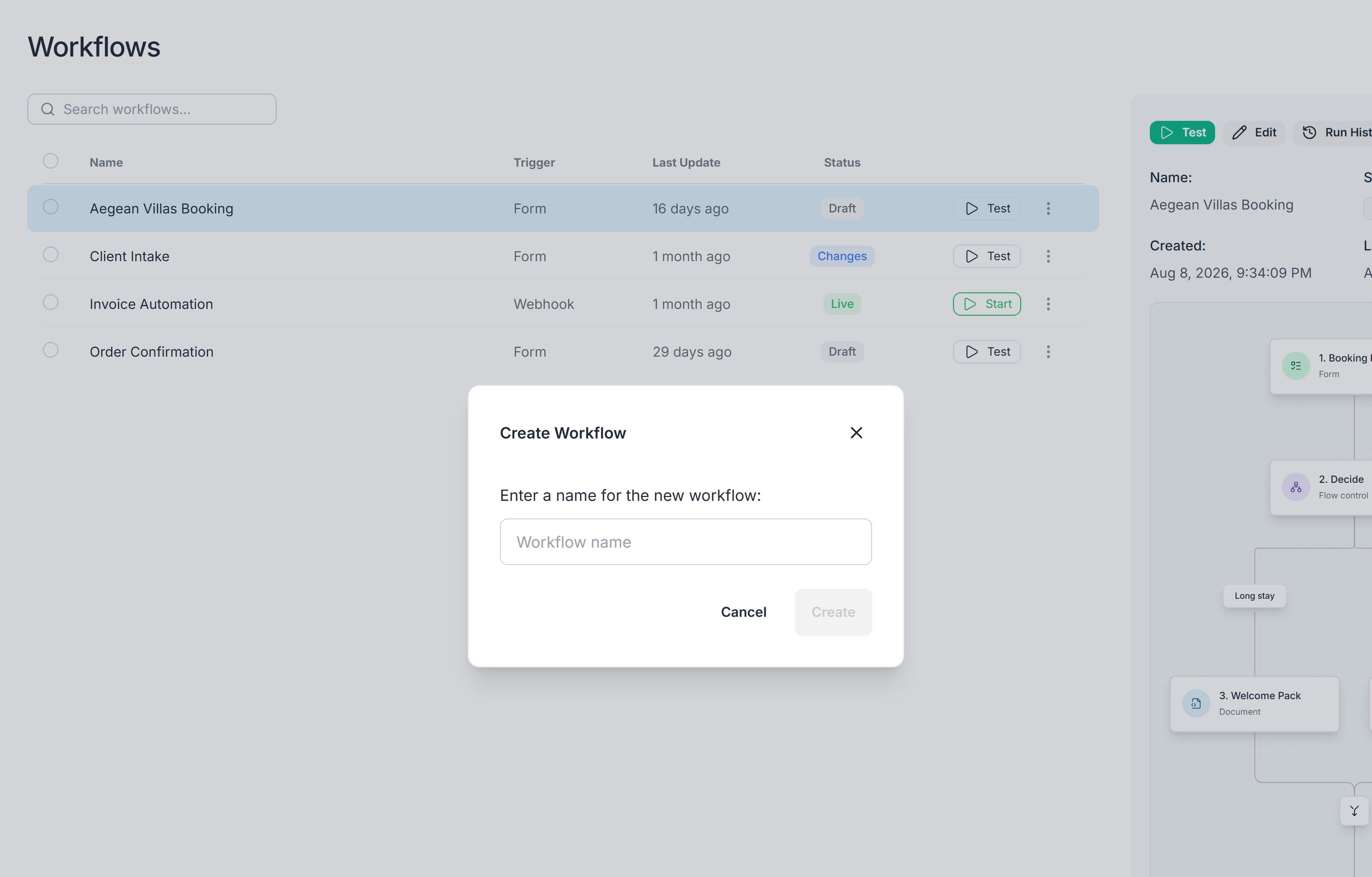 Workflows page with the Create Workflow dialog open