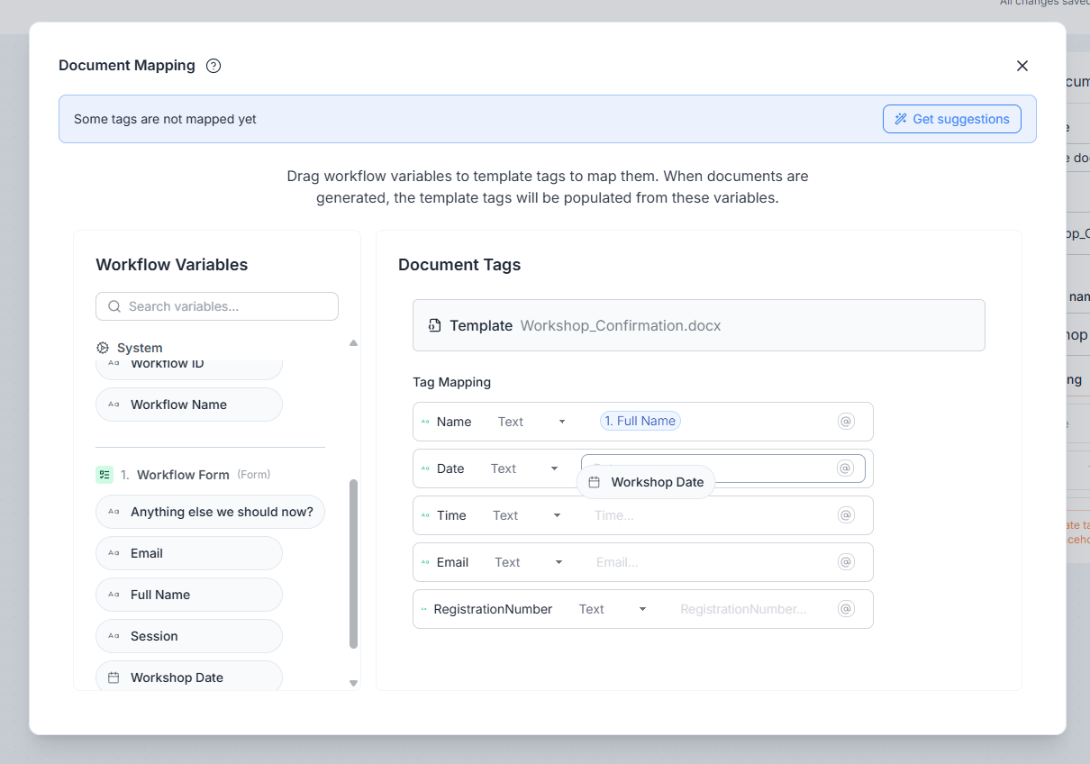 Document Mapping dialog with workflow variables mapped to the template's Date, ClientName, Company and Service tags