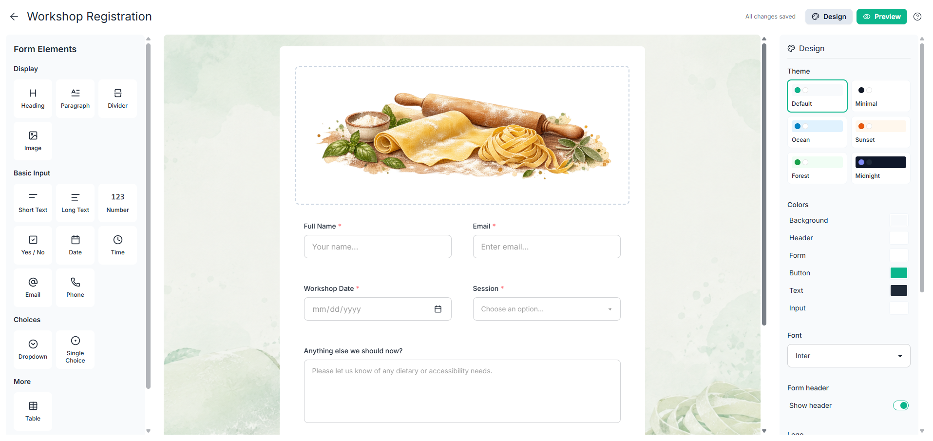 Form designer with form elements, intake fields and design controls