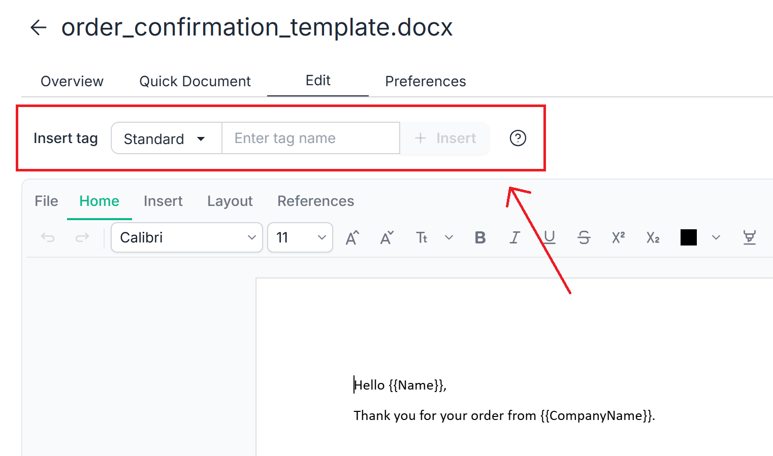 Insert tag bar with Standard, Loop and Condition options