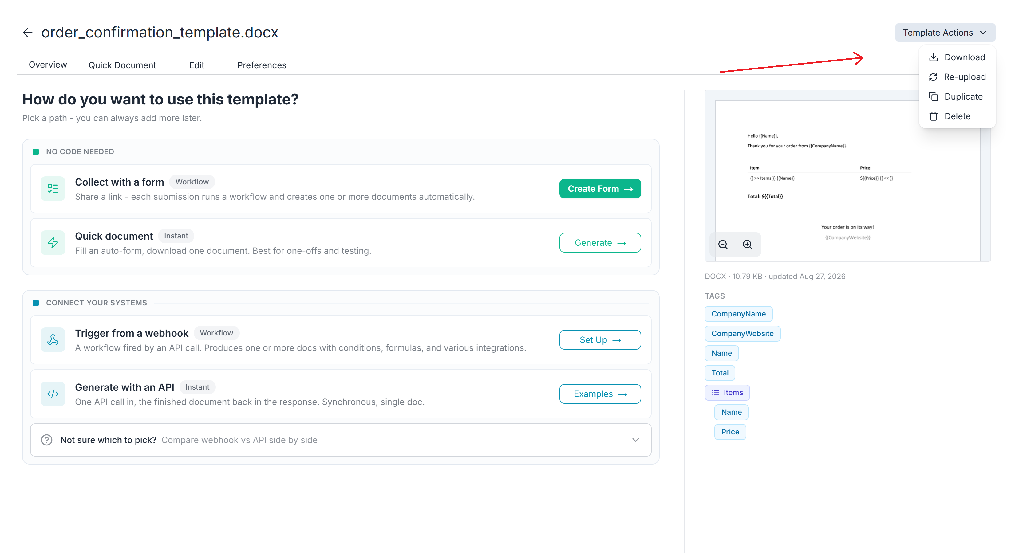 Template Actions menu showing Download and Re-upload options