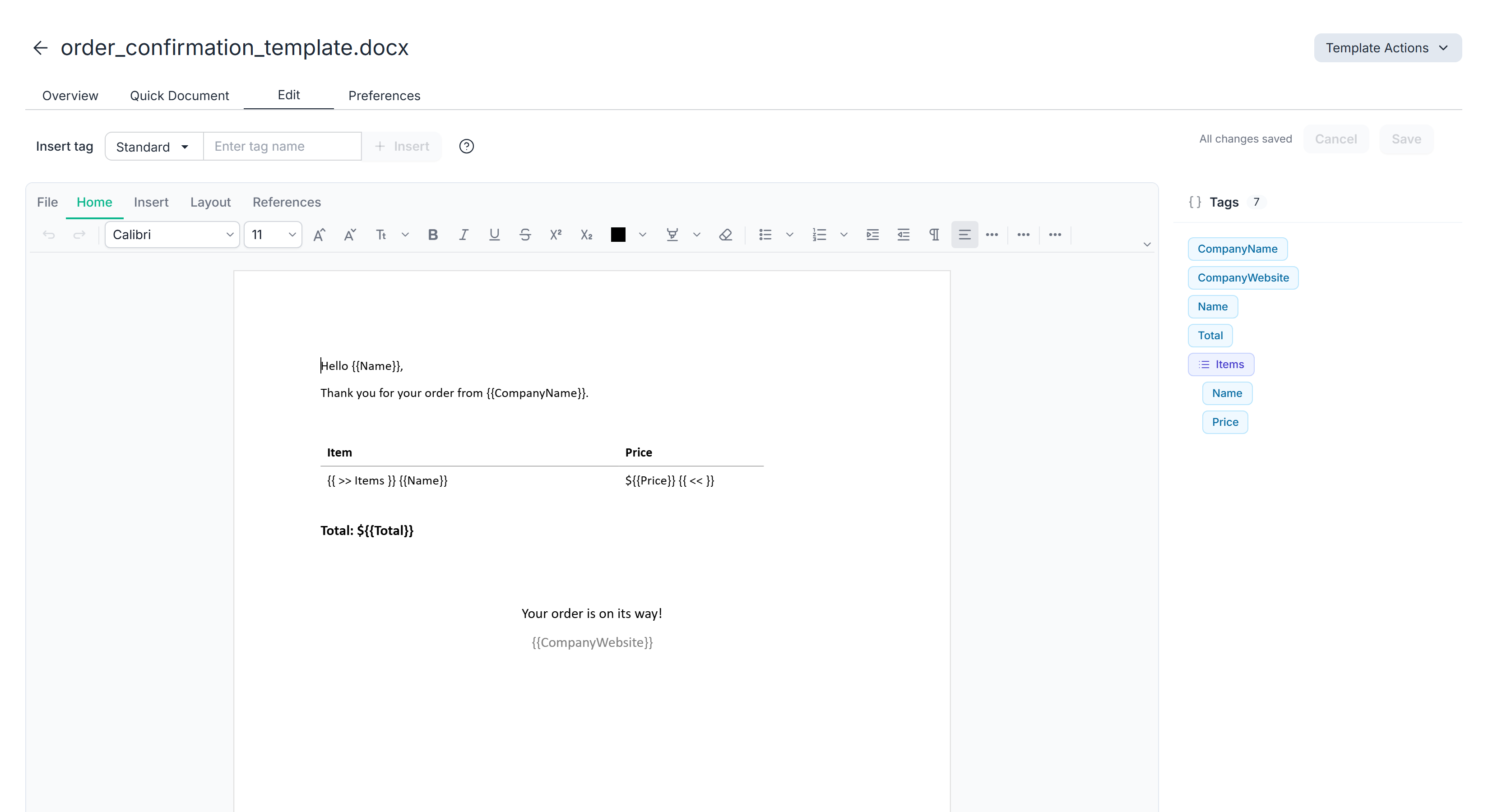 Template editor with Insert tag controls, an editable document and the detected tag list