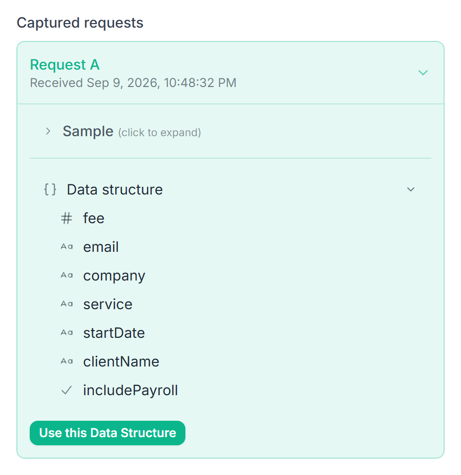 Captured webhook request with seven detected fields, including the numeric fee and boolean includePayroll, and the Use this Data Structure button