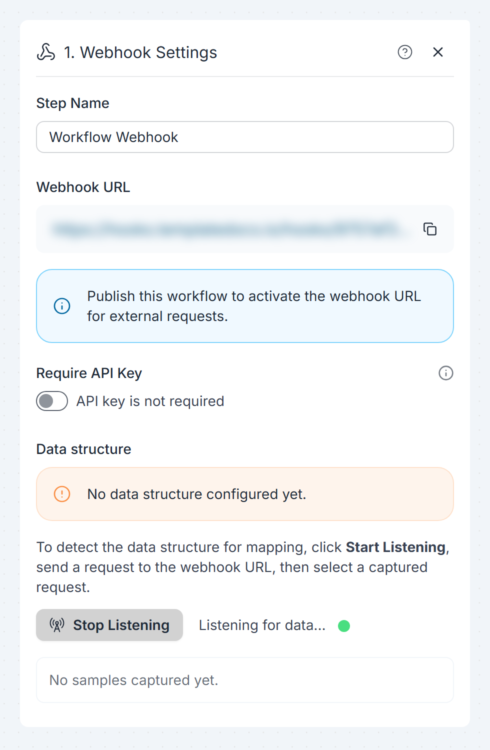 Webhook settings listening for sample data, with the private webhook URL blurred