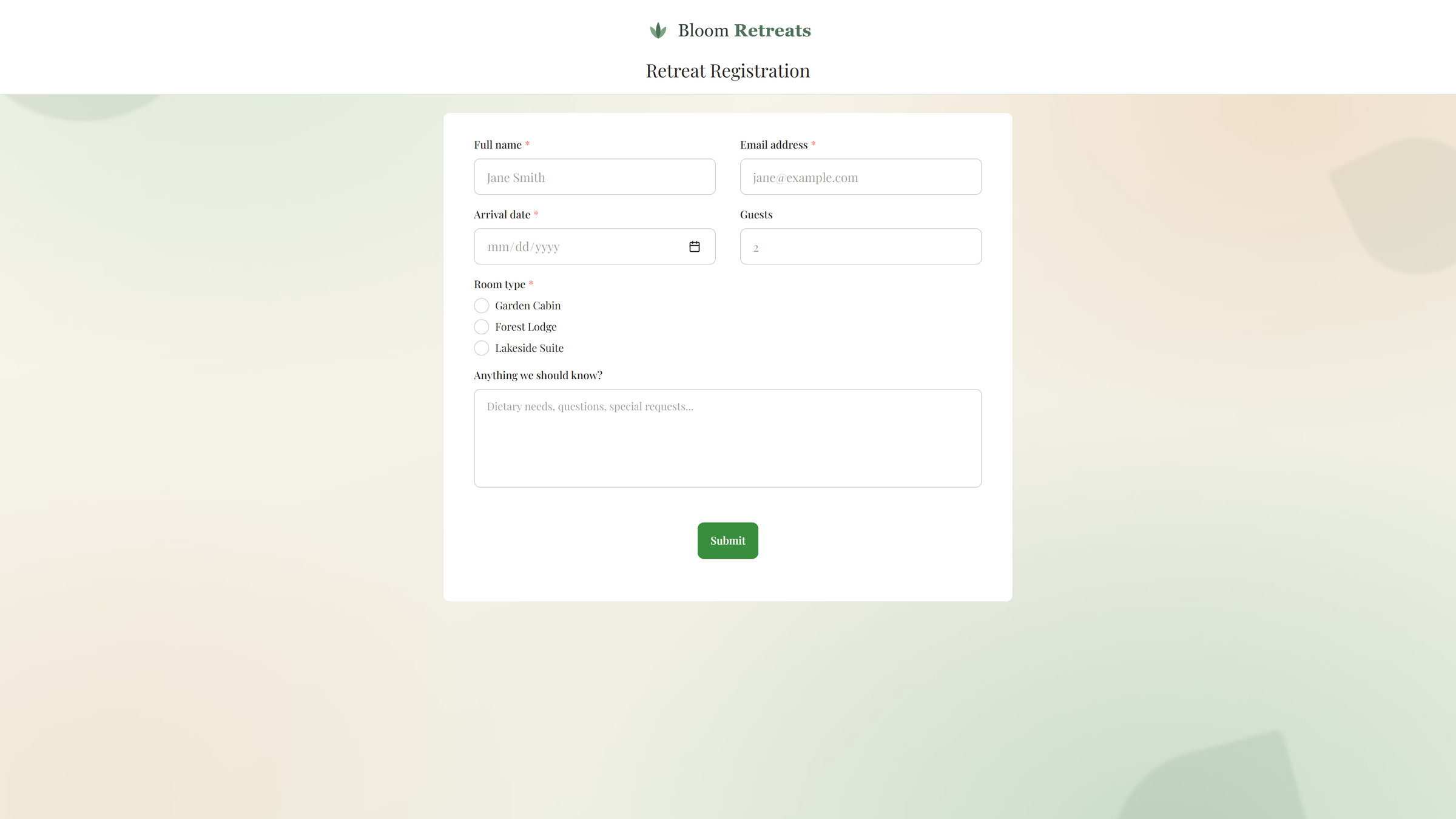 A fully branded public form with a company logo above the title and a soft background image behind the form