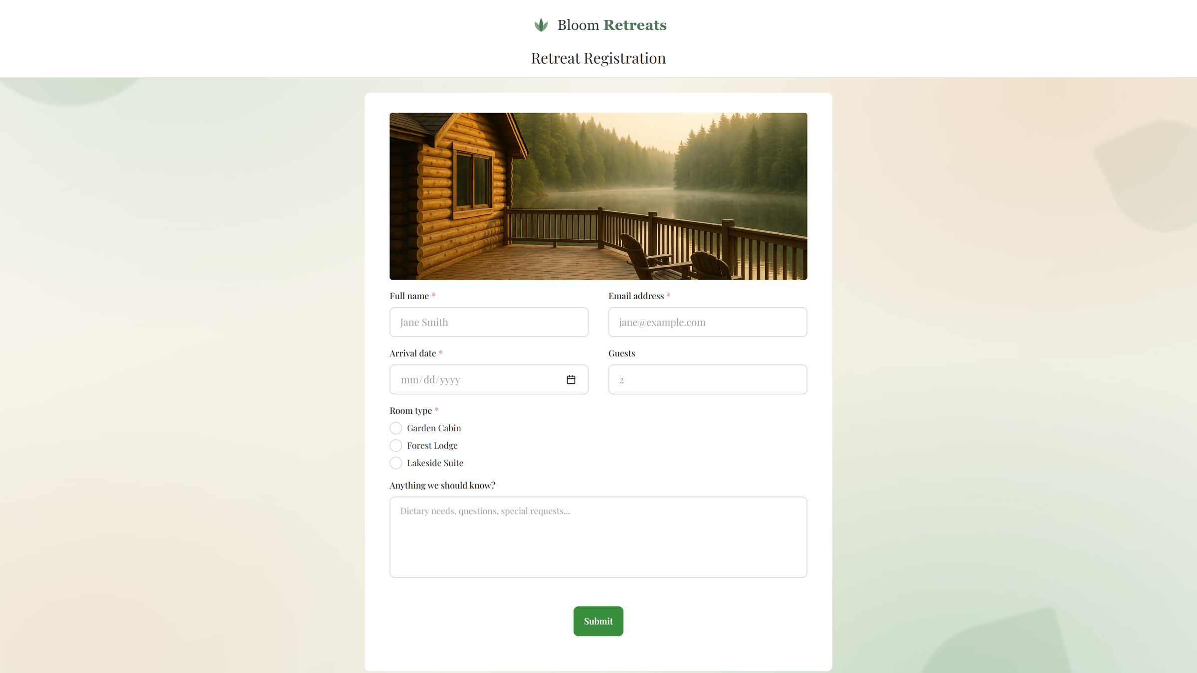 A fully branded public form with a company logo above the title, a photo inside the form, and a soft background image behind it