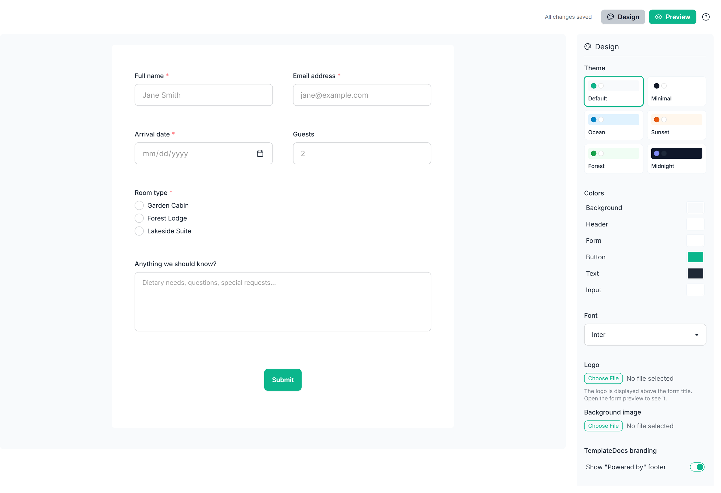 Form designer with the Design panel open, showing a form in the default style before any customization