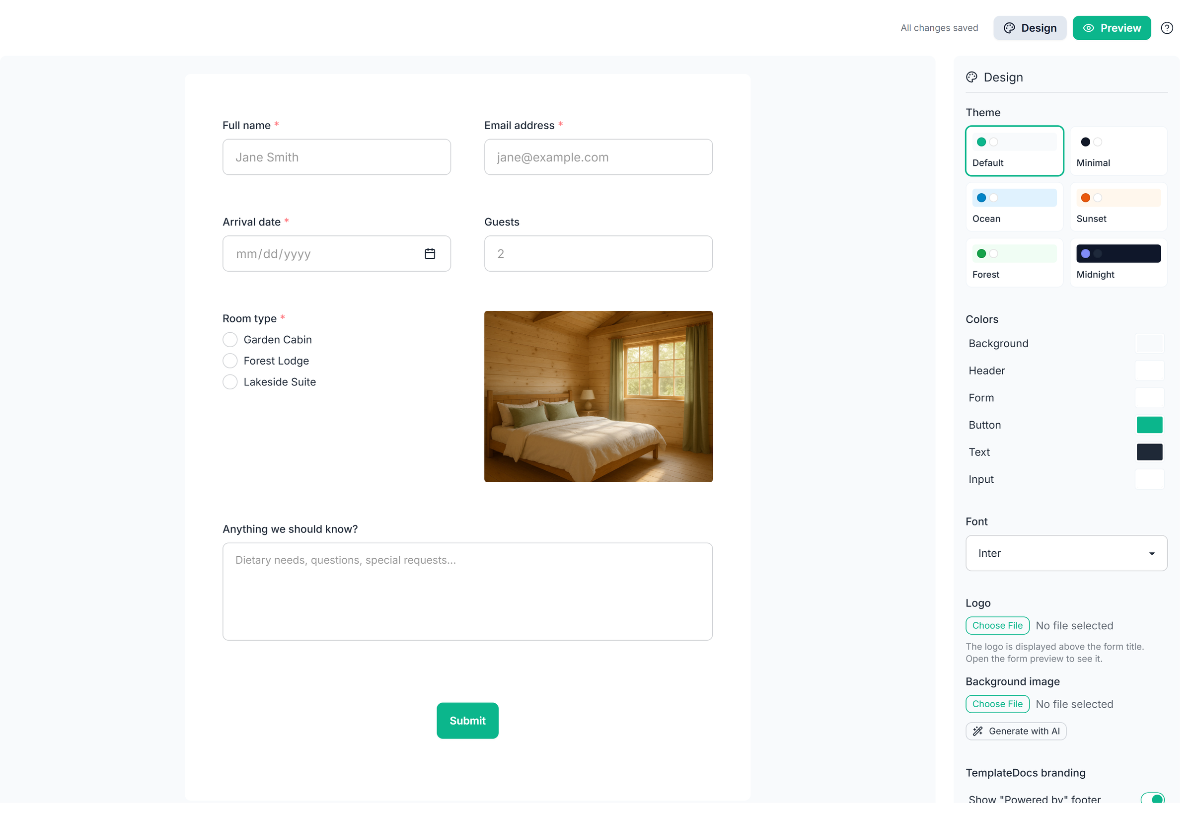 Form designer with the Design panel open, showing a form in the default style before any customization