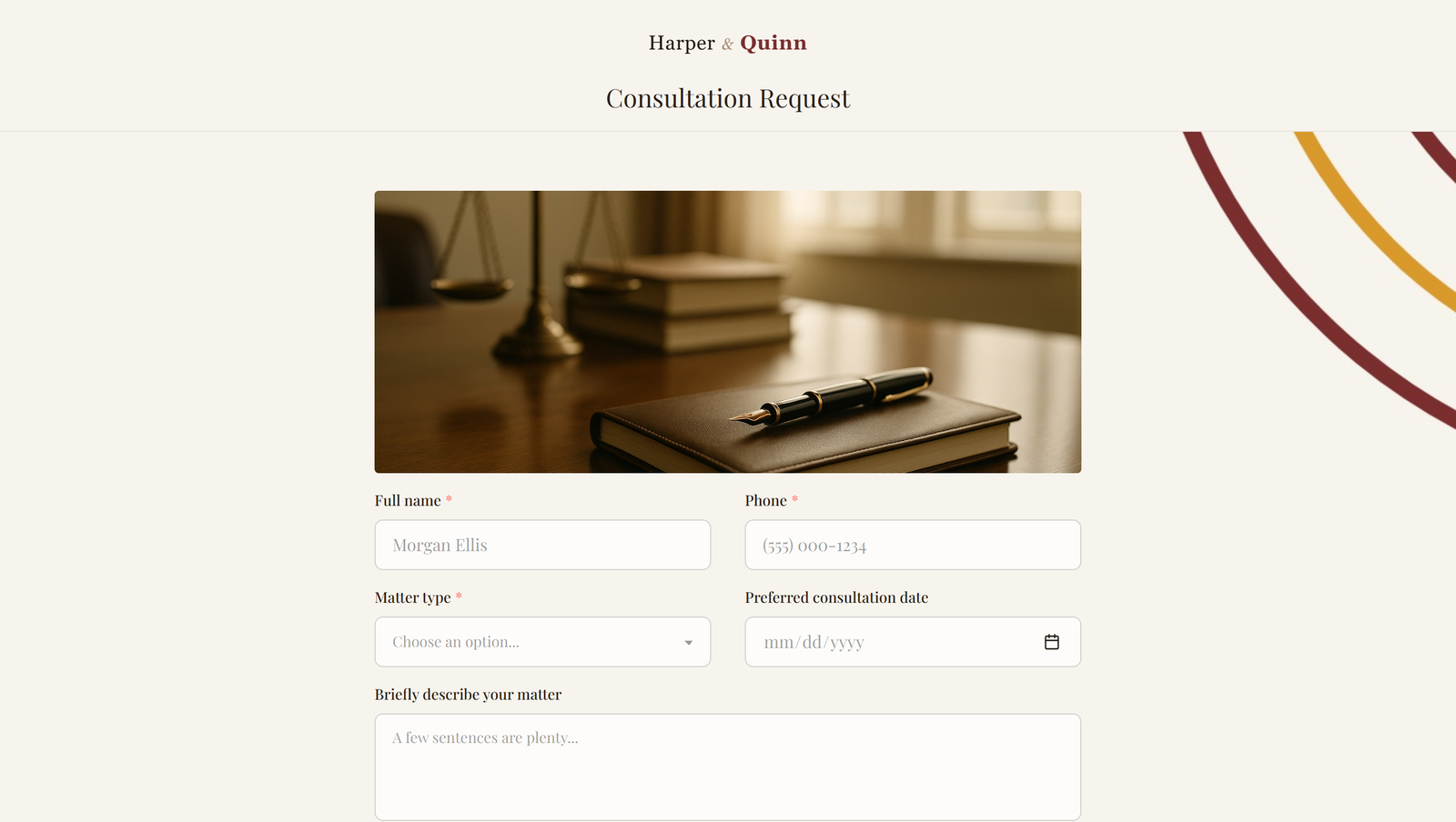 A law firm consultation form with a serif font, a photo above the fields, and concentric arc shapes on a warm cream background