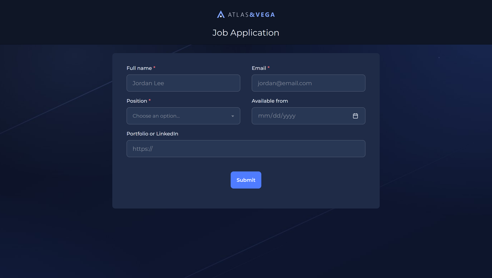 A dark-themed job application form with an abstract navy background and an electric blue button