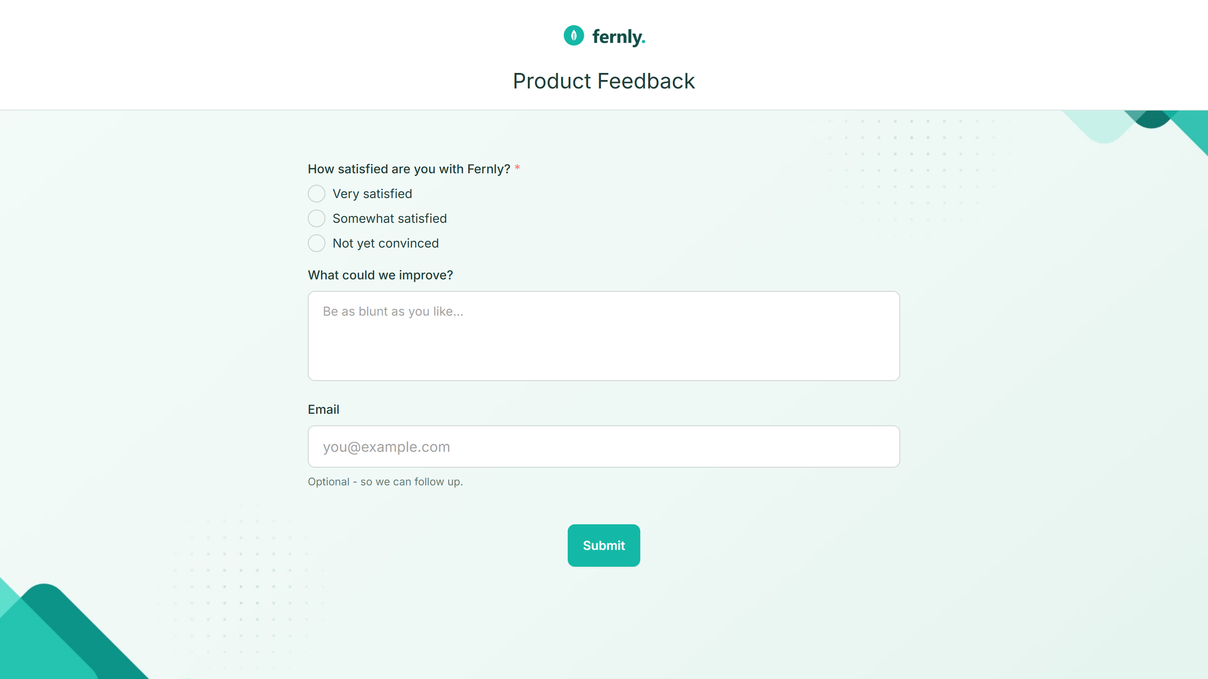 A product feedback form with teal geometric shapes, its fields sitting directly on the page background